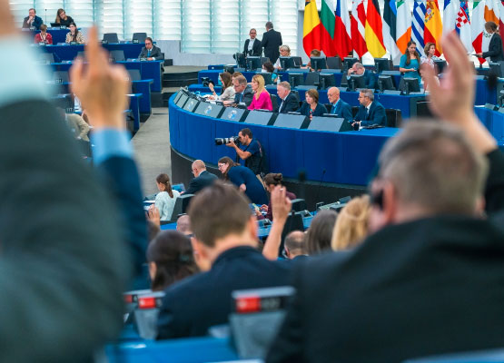 European Parliament Members voting inside the Parliament