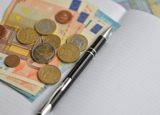 A stock photo: a pen, graphs and stacks of coins